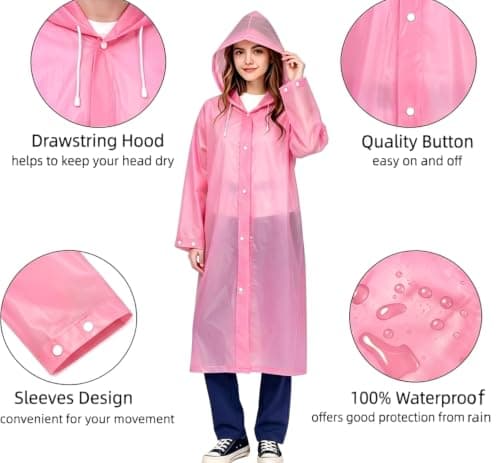 Rain Poncho for Adults, 2 Pieces Reusable Waterproof with Hoods and Sleeves — view 3