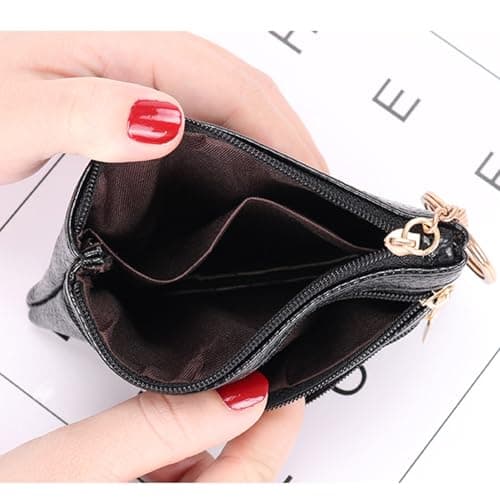 Gadom Small Coin Purse, Leather Wallet for Woman, Zipper Coin Pocket Small Ladies Purse with 3 Compartments & Keychain, Lightweight, Easy to Carry (Black) — view 4
