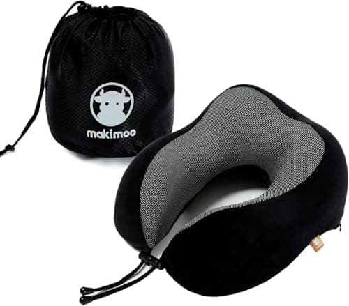 Makimoo Memory Foam Travel Pillow, Neck Pillow with 360-Degree Head Support, Comfortable and Lightweight, Ideal for Sleeping on Airplane, Car, Train, Bus and Home Use, Comes with Storage Bag (Black)