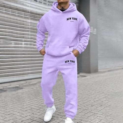Men's 2 Piece Linen Sets Fleece Zip Hoodie Top Bottoms Jogging Joggers Gym Casual Exercise Running Sport Sweat Suit Pants Plus Sizes Loungewear for Travel Winter Tracksuit for Men UK Light Purple — view 3