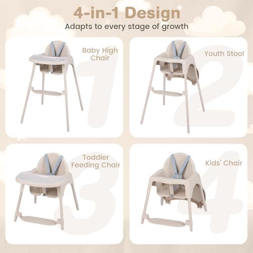 COSTWAY High Chair for Babies and Toddlers, 4 in 1 Convertible Baby Highchair with 2 Heights, Removable Double Tray, 5-Point Harness & Reversible Footrest, Infant Feeding Chair for 6-36 Months (Khaki) — view 2