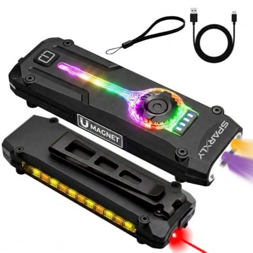 SPARXLY Rechargeable Torch Led Super Bright Flashlight - 1000lm Small Mini Pocket EDC Gear, Multifunctional Outdoor Lamp Camping Light with Cob RGB Side Light, Uv Light & Red Laser for Emergency