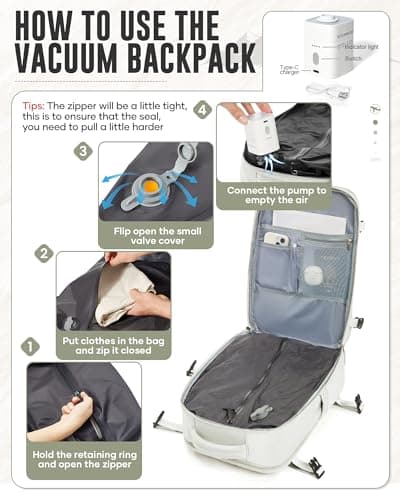 WEPOET Vacuum Backpack Travel with Pump Women, Carry On Laptop Compression Backpack Flight Approved, Ryanair Cabin Bags for Men, Waterproof Travel Bag with Vacuum System(White) — view 3