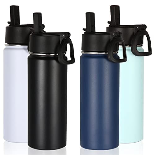 Volhoply 530ml 18oz Insulated Water Bottle Bulk 4 Pack, Kids Stainless Steel Water Bottles with Straw Lid, Reusable Metal Wide Mouth Sports Flask Keep Hot and Cold (Mix,4 Pack)