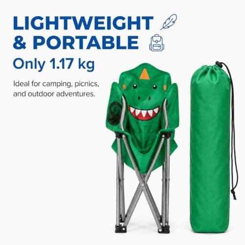 Envenzo Kids Folding Camping Chair, 4 Assorted Animal Designs, 600D Polyester, with Cup Holder and Security Lock, 35x35x60cm (1, GREEN) — view 4