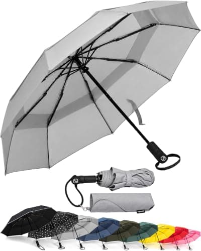 Ergonauts Travel Umbrella Windproof Vented Double Canopy – Teflon Coating, Ergonomic Handle & Protective Sleeve – Portable Compact Foldable Lightweight Design and High Wind Resistance (Grey)