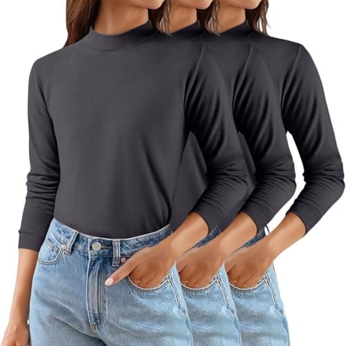 YCBMINGCAN Pack of 3 Women's Thermal Shirt Long Sleeve & Turtleneck Shirt Lightly Lined Soft Basic Top with Stand-Up Collar Thin Fleece Undershirt Winter Tops for Women, #1-grey, M — view 2