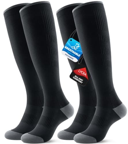 RUIXUE Compression Socks for Women and Men, 20-30 mmHg Cooling Flight Socks, 2 Pairs Graduated Socks for Travel, Sport, Nurse, Long Sitting(Swelling & Aches Relief), Black, S-M