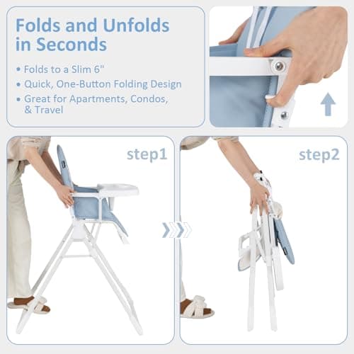INFANS Baby High Chair, Quick One-Hand Fold Highchair for Babies and Toddlers with Adjustable Footrest Removable Dishwasher Tray PU Seat, Compact Highchairs for 6-36 Months (Blue) — view 3