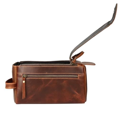 KomalC Premium Buffalo Leather Toiletry Bag for Men & Women With Water resistant Lining, Grooming Travel Pouch, Unisex Wash Bag for Toiletries, Gifts for Men and Women, Distressed Orange Tan, Unisex — view 3