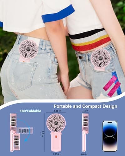 2 Pack Portable Fan Handheld Fan with Neck Lanyard, Battery Operated Electric Powered USB Rechargeable Fans, 6-15H Cooling, 180° Foldable 4 Quiet Speeds Mini Fans for Travel Outdoor Home Office, Pink — view 4