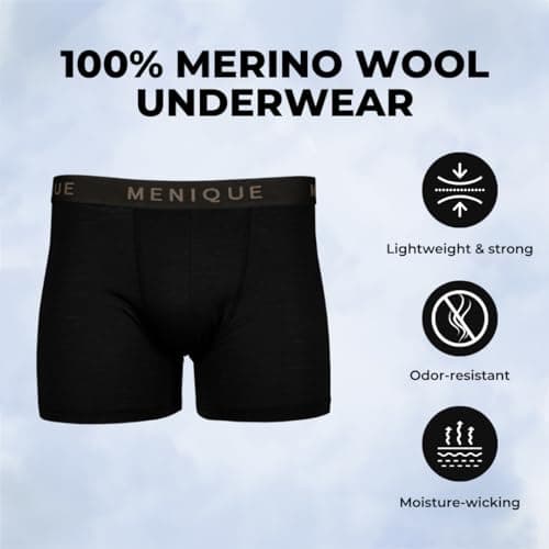 menique Men's 100% Merino Wool Boxer Shorts, Breathable L, Black — view 4