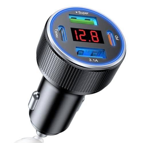 AGEK USB C Car Charger Adapter, 78W 4 Port Metal Car USB Charger with Voltmeter Dual USB C Car Phone Charger Cigarette Lighter USB Charger Fast Charge for iPhone 17 16 15, Samsung Galaxy, iPad