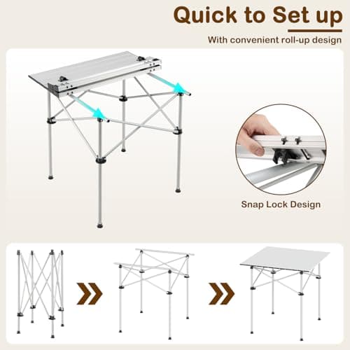 COSTWAY Aluminum Folding Camping Table, Roll Up Portable Picnic Table with Carrying Bag for 4-6 People, Steel Frame Fold up Dining Desk for Hiking Fishing BBQ (Square, Silver) — view 6