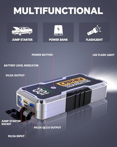 CARHEV 7000A Jump Starter Power Pack, 12V Car Battery Booster Jump Starter (up to 10.0L Petrol or 10.0L Diesel Engine), Portable Car Jump Starter Power Bank with Jump Leads and Fast Charging USB Ports — view 5