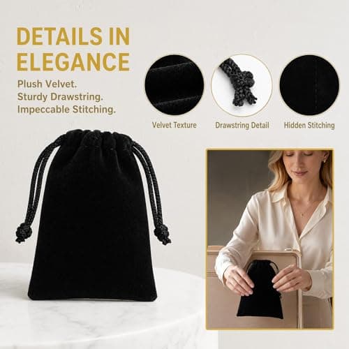 Msjuwek 5PCS Premium Black Velvet Jewellery Pouches with Drawstring, Small Gift Bags for Rings, Earrings, Necklaces, Wedding Favours, and Travel Storage Pouch for Small Items (Black) (10x15cm) — view 3