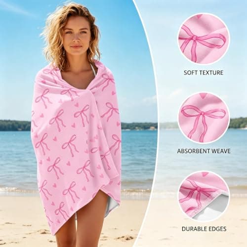 LPVVPEZ Pink Bow Beach Towel & Throw Blanket 2-in-1 – Oversized 75x150cm Super Soft Microfiber Towel, Cute Single Side Print for Pool, Travel, Gift, Home Decor — view 3