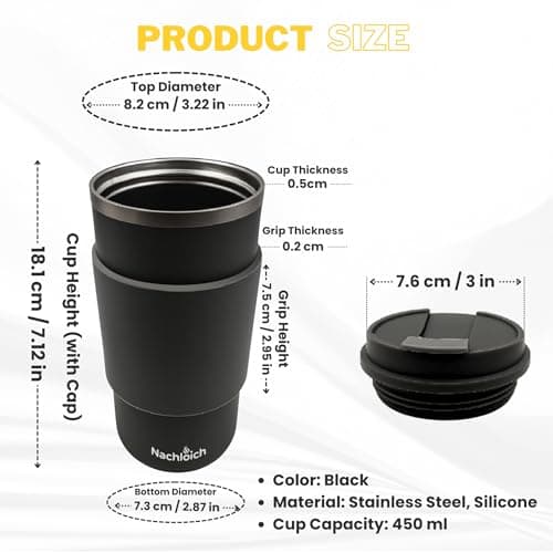NACHLOICH Stainless Steel Travel Mug 450ml Insulated Reusable Portable Leakproof Double Wall with Lid BPA Free for Outdoor Indoor Hot & Cold Drinks Beverages (Pack of 3) — view 2