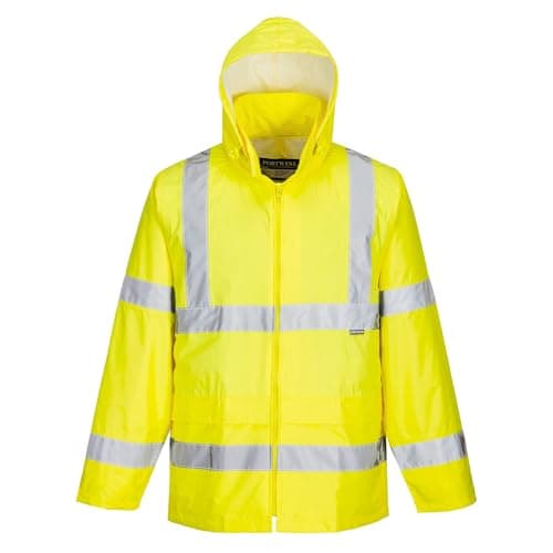 Portwest UH440 Mens Hi Vis Rain Jacket Waterproof Lightweight Reflective Safety Workwear Packable Hooded Vented Back Construction Roadwork Highway Rail, Yellow, XXL