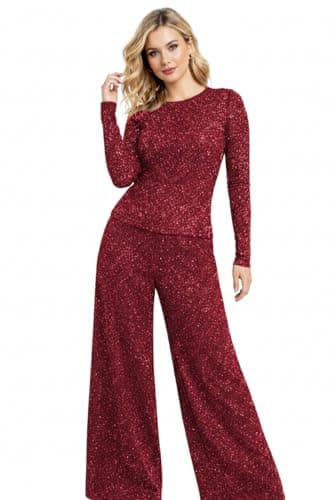 INSAFIANS Women’s Jersey co-ords sets Shiny Glitter 2 piece outfit long sleeve top wide leg Pants loungewear casual wear Tracksuit sets (Maroon 3XL Long)