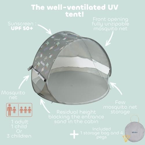 BÉABA, Beach Tent – Baby UV Protection Tent, Maximum Sun Protection UPF 50+, UV Filtered, 360° Ventilation, Mosquito Nets, Spacious, Pop-Up System, Carry Bag, Breezy, Khaki — view 5