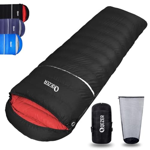 QEZER Down Sleeping Bag,Lightweight Rectangular Winter Sleeping Bag [1180g/1860g] for Adults and Kids 4 Season Camping, Hiking,Warehouse and Moutaineering Outdoor (Black, 1200g down)