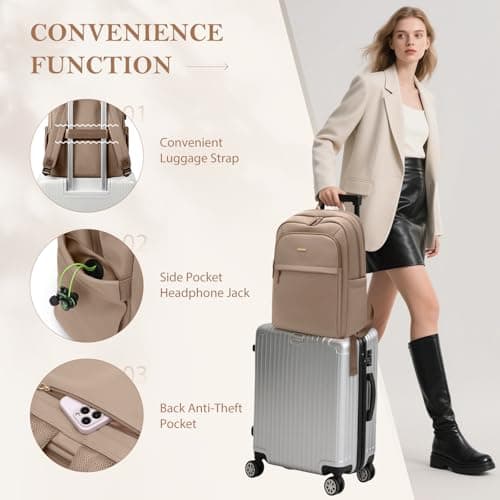 GOLF QUALITY Travel Backpack for Women Personal Carry On Bag Business Weekender Hiking Multilayer Laptop Bag,16 Inch,Champagne Brown — view 3