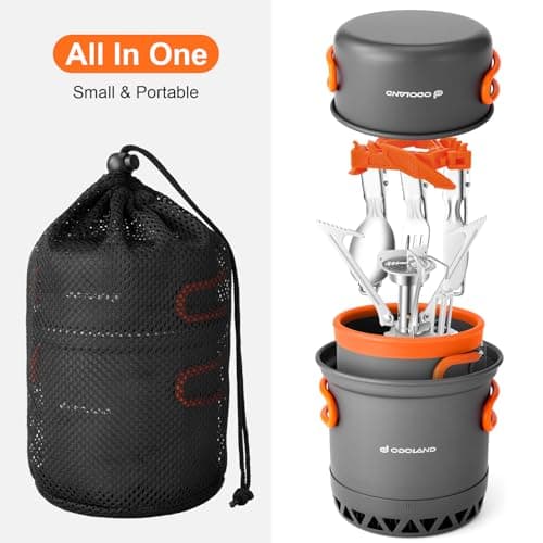Odoland Camping Cookware Kit, 6pc Aluminium Mess Kit with Non-Stick Pot, Mini Stove, Mug, Cutlery & Storage Bag, High Efficiency Heat Exchanger Design — view 6