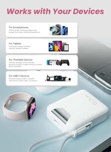 Gidues M1 Mini Portable Charger, 10000mAh Ultra-Compact Power Bank, 22.5W PD Fast Charging, Tpye-C Built-in Cable, Small External Battery Pack for iPhone, Samsung, Android iPad (White) — view 5