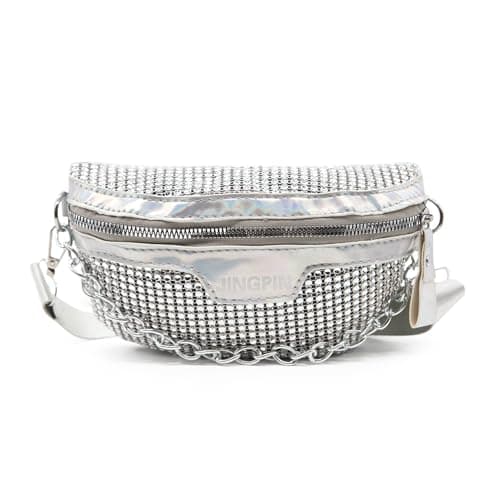 Long Keeper Sparkly Bum Bag Fanny Pack for Women Teen Girls Rhinestones Waist Bag Party Holographic Bumbags Ladies Shiny Bling Bag Cross Body Chest Bag (White)