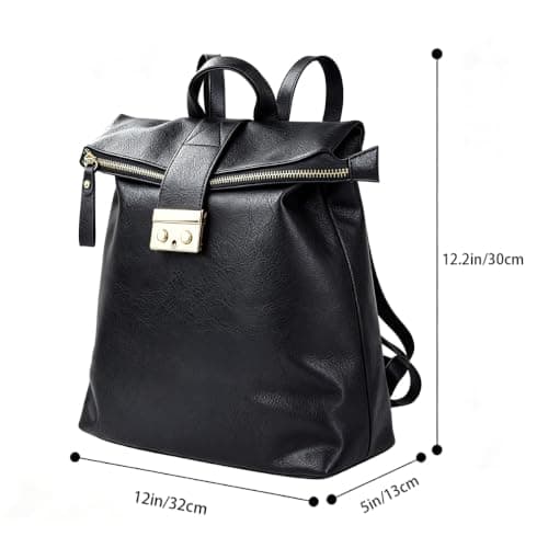LA DEARCHUU Leather Rucksack Women Men, Black Leather Backpack Handbags Multi-Pocket Durable Comfortable Flap Over Travel Soft Daily Backpack Daypack with Snap Closure — view 4