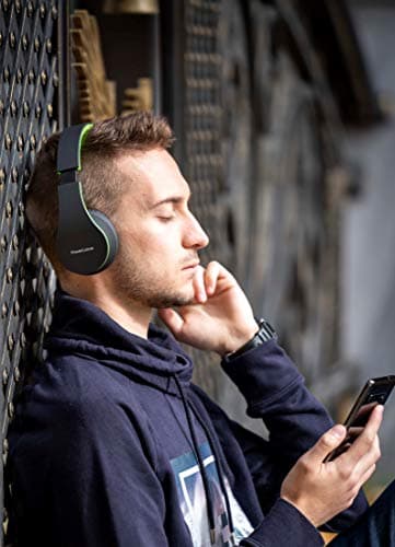 PowerLocus Wireless Bluetooth Over-Ear Stereo Foldable Headphones, Wired Headsets Noise Cancelling with Built-in Microphone for iPhone, Samsung, LG, iPad (Black/Green) — view 4