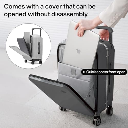 mixi Checked Luggage Wide Handle Suitcase,Front Opening PC Hard Shell Travel Case with Aluminium Frame,Quiet Spinner Wheels,Laptop Compartment,TSA Lock,with Cover,20 inch Rock Grey — view 3