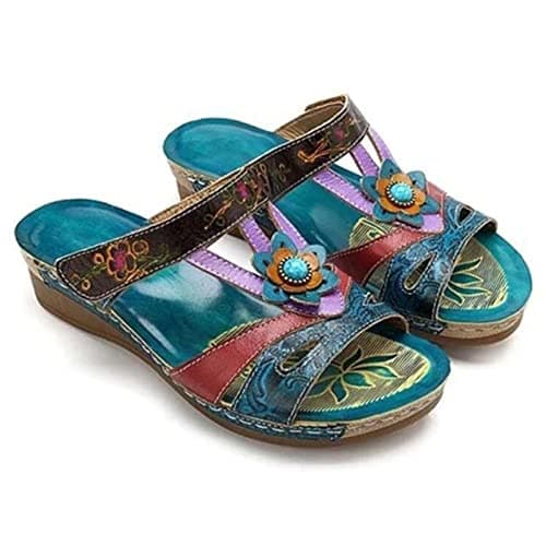 RLEHJN Orthopedic Sandals Women, Women's Sandals & Slides Vintage Bohemian Floral Wedge Sandal Open Toe Non-Slip Slippers Comfy Mules Holiday Beach Shoes Ladies Summer Shoes Blue Size 3-7.5 — view 5