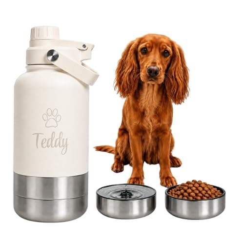 Just Giftz Personalised Dog Water Bottle 32oz, 3-in-1, Cream