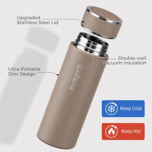 【Upgraded】 Exllena Small 500ml Water Bottle for Handbag – Small Flask for Hot & Cold Drinks, Perfect Small Insulated Water Bottle for Travel, Milk, Coffee...(Brown) — view 3