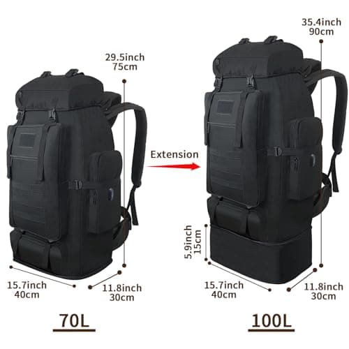 Vaupan 70L/100L Hiking Backpack with USB Charging Port, Expandable Large Military Tactical Backpack, Waterproof MOLLE Rucksack Travel Backpacking Pack for Camping Climbing (Black) — view 2