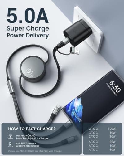 CAFELE 3-USB-C Multi Charger Cable 6 in 1(100W/35-130CM Retractable) — view 2