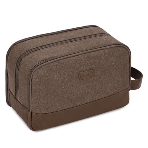 WANDF Toiletry Bag for Men, Travel Wash Bag with Handle, Water-Resistant Canvas Shaving Organiser, SBS Metal Zipper Dopp Kit for Makeup Bathroom Gym (Brown)
