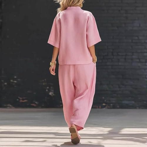 festival outfit women Co Ord Sets for Women Cotton Linen 2 Piece Plus Size V Neck Tops & Wide Leg Trousers Summer Fashion Loose Comfy Vacation Travel Airport Outfits Pink L — view 5