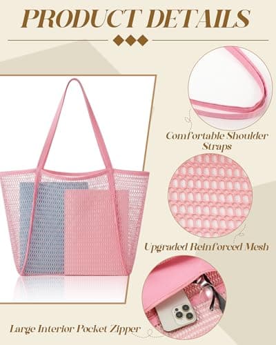 Cunno 6 Pieces Mesh Beach Tote Bag for Women Summer Waterproof Sandproof Shoulder Bag for Travel Vacation Shopping Picnic, Pink, 19.7" x 13" x 6.3", Casual — view 4