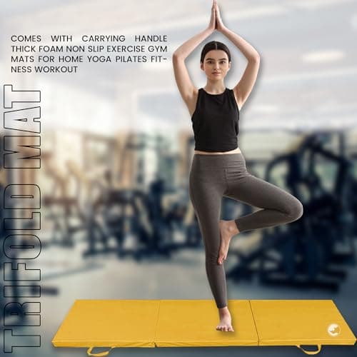 MAXSTRENGTH Tri-Folding Extra Thick Yoga Mat – Non-Slip Exercise & Gymnastics Mat | Soft Foam Fitness Mat with Carry Handle – 6ft x 2ft Foldable Workout & Travel Yoga Mat (Yellow) — view 2