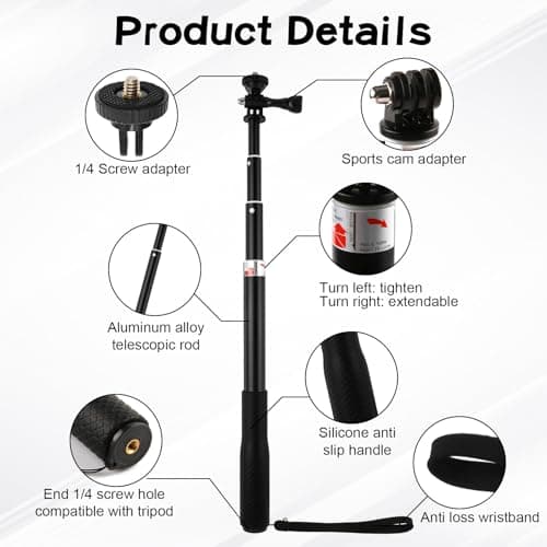 36"/92cm Extendable Selfie Stick for GoPro DJI Action, Non-Slip Handle — view 4