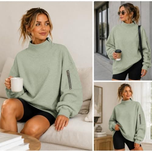 Womens Oversized Sweatshirts Mock Neck Pullover Long Sleeve Fleece Tops | Fall Fashion Outfits 2026 Clothes Comfort Soft Travel Casual Work Lounge Daily Outfit Light Green — view 2