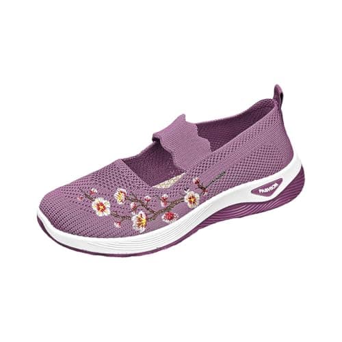Dance Shoes for Women, Orthopedic Shoes for Women Wide Fit Slip On Walking Loafers Breathable Mesh Non-Slip Shoe Lightweight Arch Support Comfort Flats for Work Travel Casual Sneakers Purple