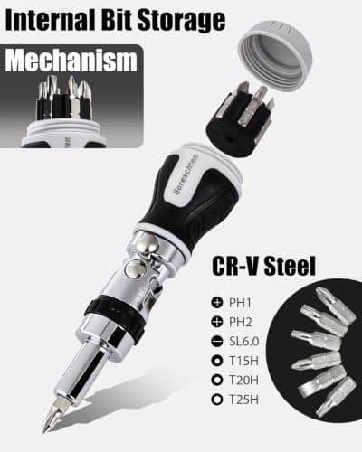 Gareschten 7-in-1 Multi-Angle Ratchet Screwdriver Set, 180° Pivoting Pocket Screwdriver with 6 CRV Bits (PH/SL/Torx) Inside Handle, Professional Compact Stubby Screwdriver Tool for Tight Spaces — view 3