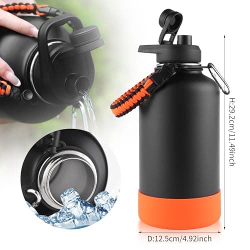 Sivaphe Stainless Steel Water Bottle 2 Litre, Vacuum Insulated Flask with Protective Sleeve, 64oz Large Bottles with Spout Lid for Outdoor, Sports(Black) — view 3
