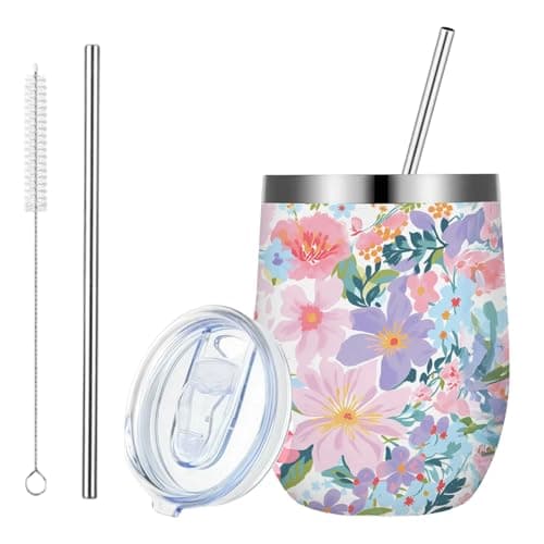 Flower Mug 12oz, Girls Travel Mug, Insulated Travel Coffee Mug with Lid and Straw, Stainless Steel Flower Cup for Ice Drinks Wine, Home Picnic, Ice Preservation, Gifts for Girls Women Flower Lovers