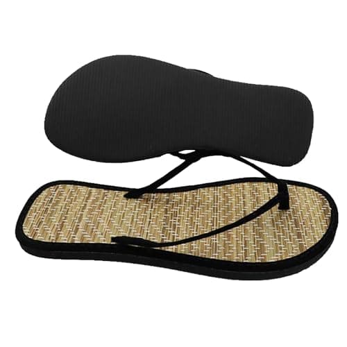 Breathable Bamboo Woven Flip Flops for Women Straw Non Slip Thong Sandals Casual Beach Home Slippers Black, Size 4