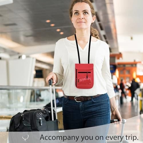 RFID Blocking Travel Neck Wallet Pouch and Passport Holder，Travel Neck Pouch Passport Holder for Women & Men, Red, 8 x 6 x 0.3 inches, Minimalist — view 6